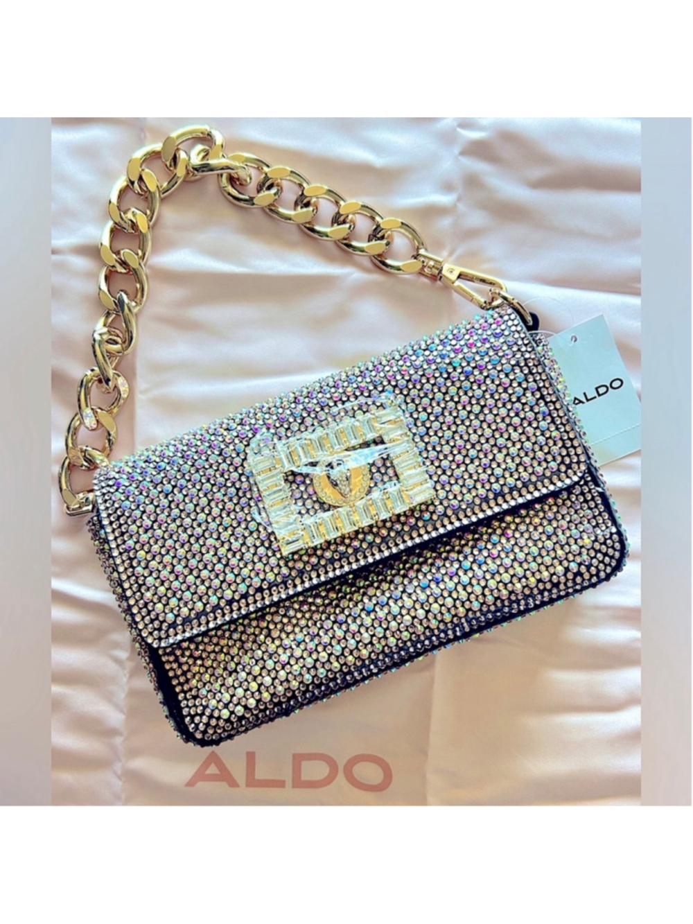 RARE Women's ALDO Rhinestone Crossbody Bag One Size Black and Gold